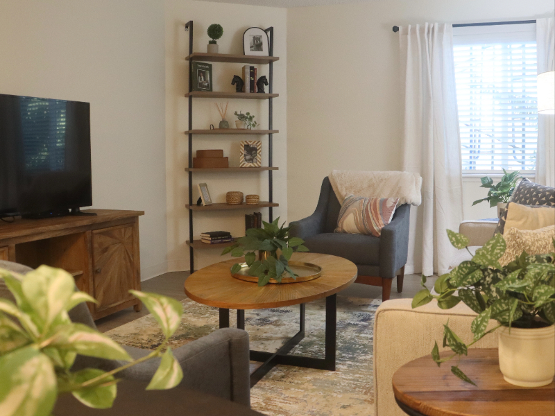 Interior image of the living area in a renovated senior living apartment with a television, bookshelf with decor items, chair, sofa, and various plants