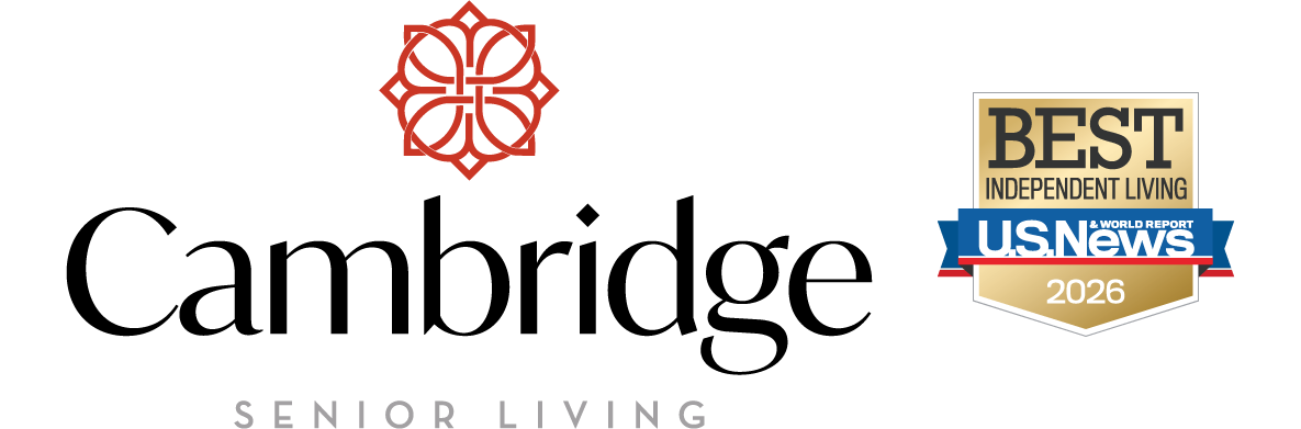 Cambridge Senior Living logo alongside the 2026-2027 U.S. News Best Independent Living award badge, recognizing excellence in senior independent living services.